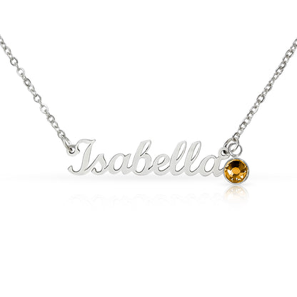 Polished steel script name necklace with a birthstone crystal, one of the 12 month colors | Name Necklace with Birthstone