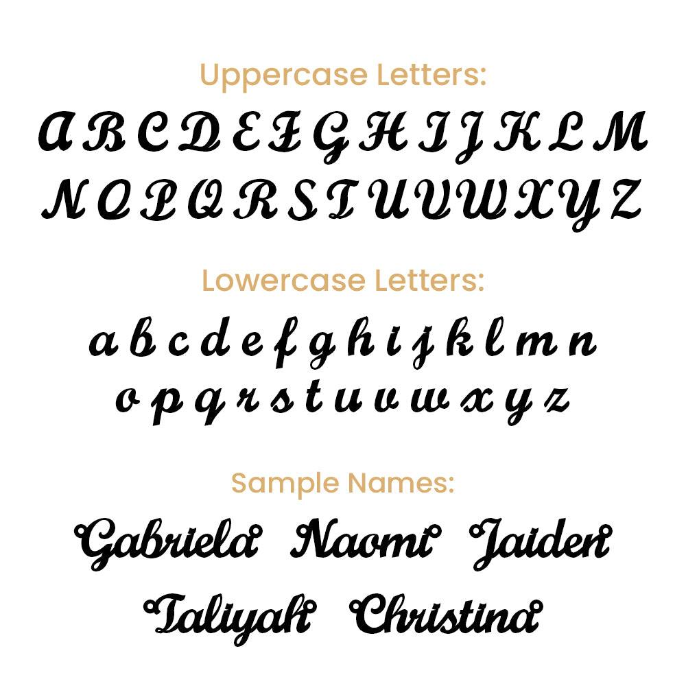 Font guide showing the script letters available for the name | Name Necklace with Birthstone