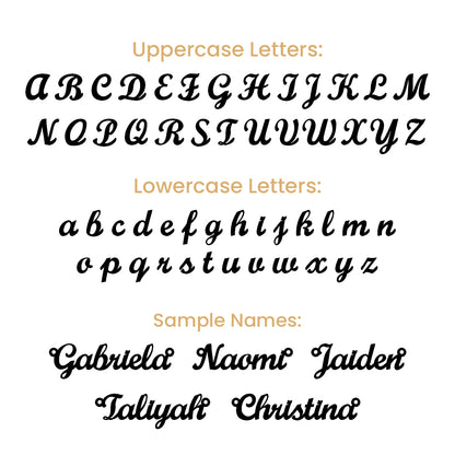 Font guide showing the script letters available for the name | Name Necklace with Birthstone