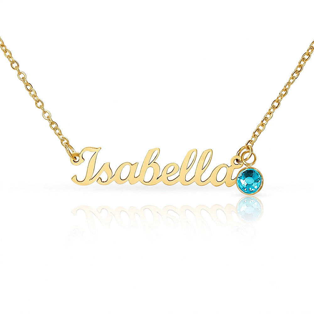 18k gold finish script name necklace with a birthstone crystal, one of the 12 month colors | Name Necklace with Birthstone