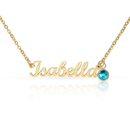 18k gold finish script name necklace with a birthstone crystal, one of the 12 month colors | Name Necklace with Birthstone
