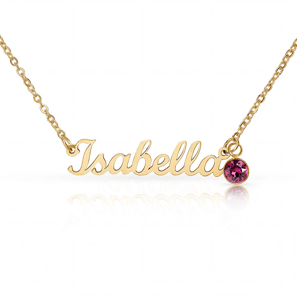 18k gold finish script name necklace with a birthstone crystal, one of the 12 month colors | Name Necklace with Birthstone