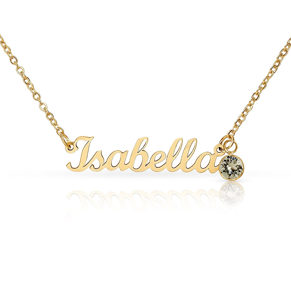 18k gold finish script name necklace with a birthstone crystal, one of the 12 month colors | Name Necklace with Birthstone