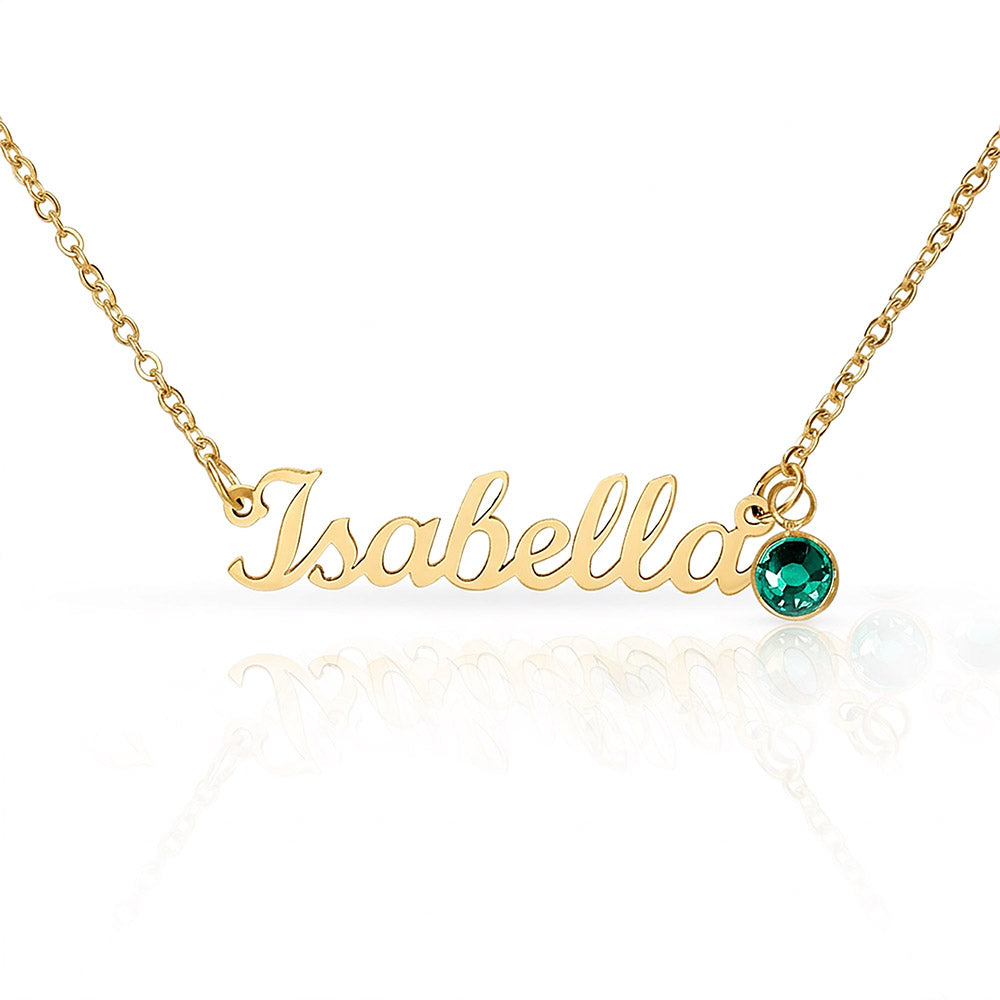 18k gold finish script name necklace with a birthstone crystal, one of the 12 month colors | Name Necklace with Birthstone