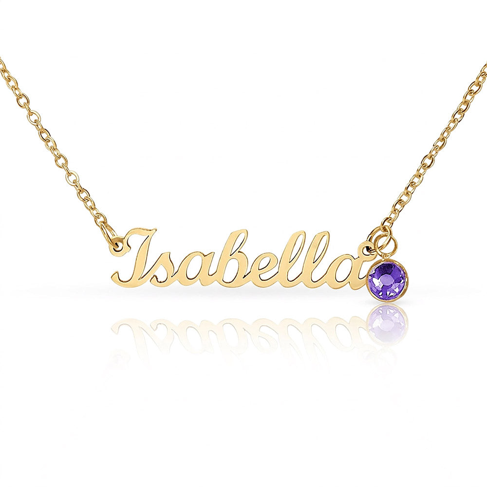 18k gold finish script name necklace with a birthstone crystal, one of the 12 month colors | Name Necklace with Birthstone