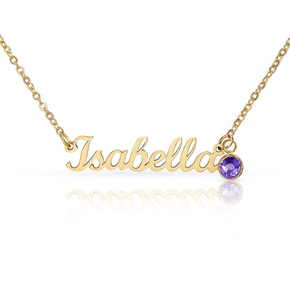 18k gold finish script name necklace with a birthstone crystal, one of the 12 month colors | Name Necklace with Birthstone