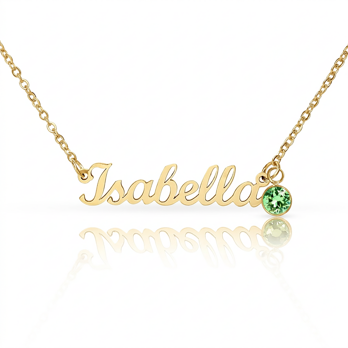 18k gold finish script name necklace with a birthstone crystal, one of the 12 month colors | Name Necklace with Birthstone