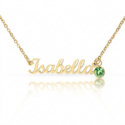 18k gold finish script name necklace with a birthstone crystal, one of the 12 month colors | Name Necklace with Birthstone