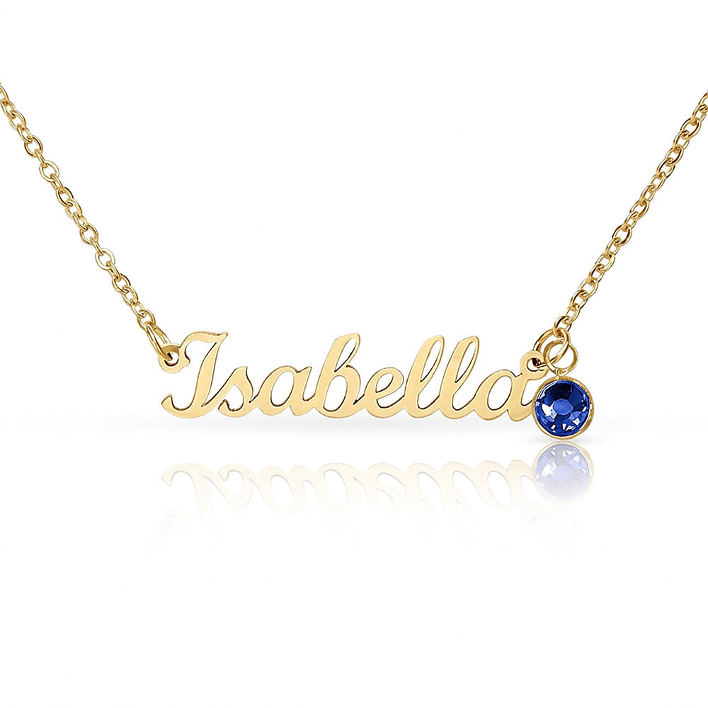 18k gold finish script name necklace with a birthstone crystal, one of the 12 month colors | Name Necklace with Birthstone