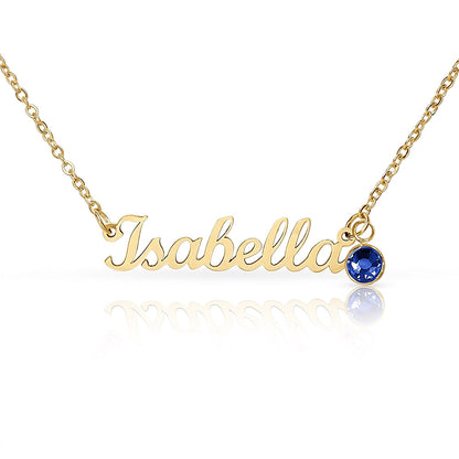 18k gold finish script name necklace with a birthstone crystal, one of the 12 month colors | Name Necklace with Birthstone