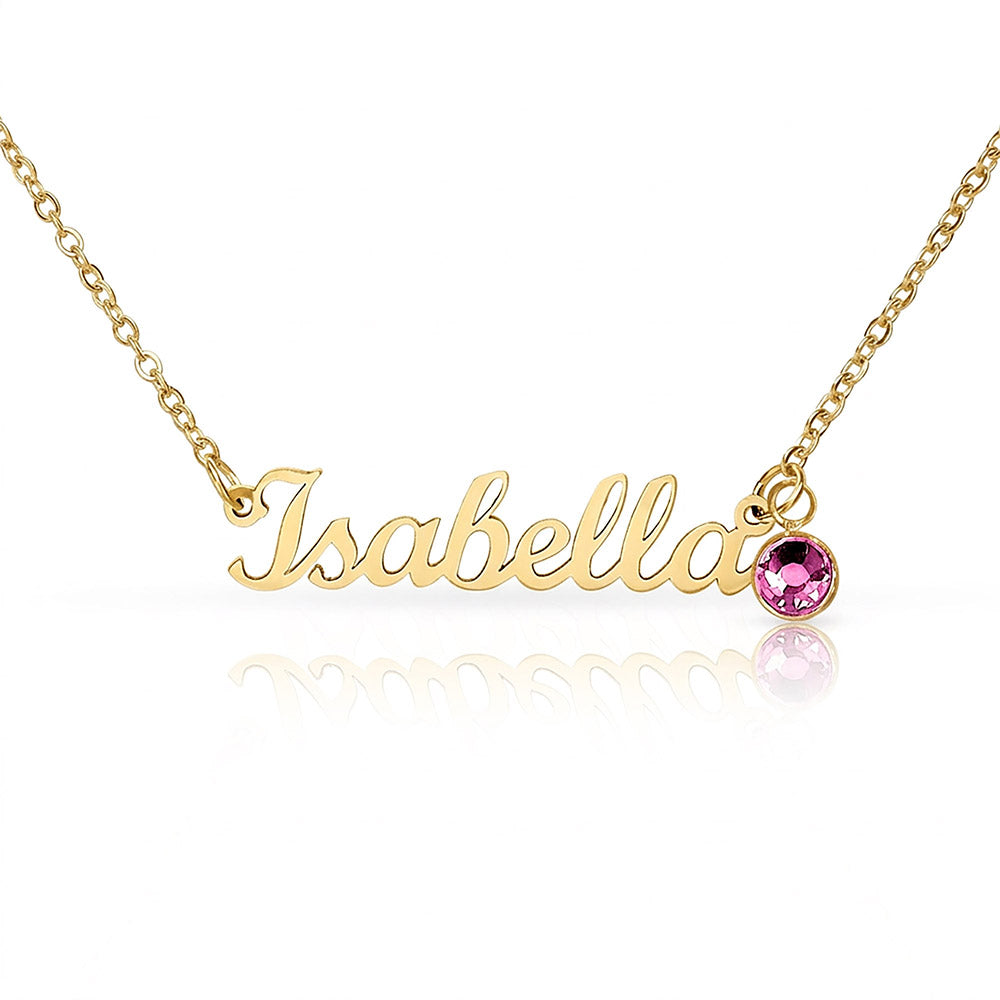 18k gold finish script name necklace with a birthstone crystal, one of the 12 month colors | Name Necklace with Birthstone