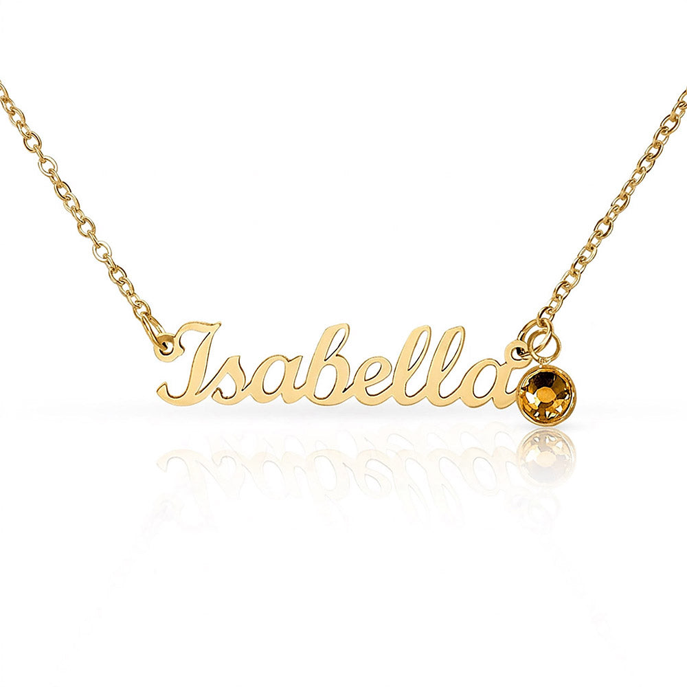 18k gold finish script name necklace with a birthstone crystal, one of the 12 month colors | Name Necklace with Birthstone