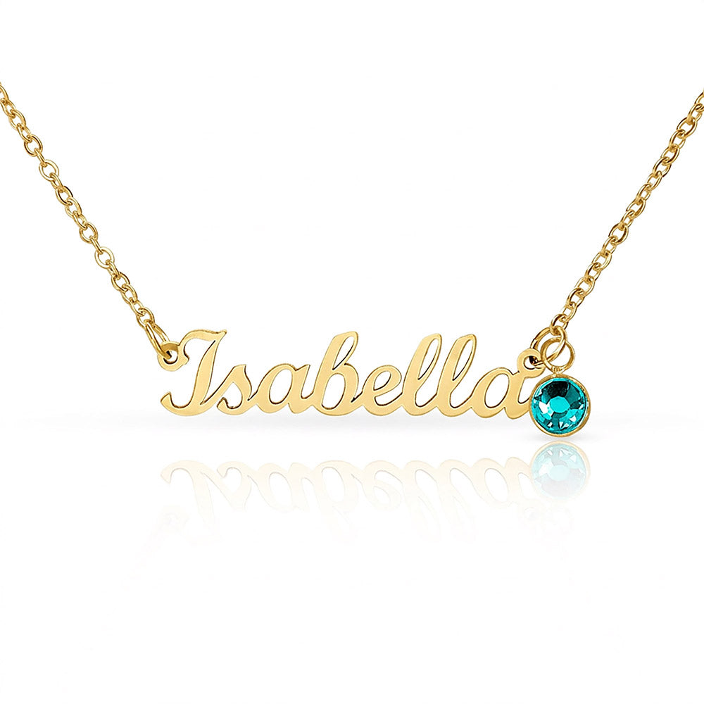 18k gold finish script name necklace with a birthstone crystal, one of the 12 month colors | Name Necklace with Birthstone