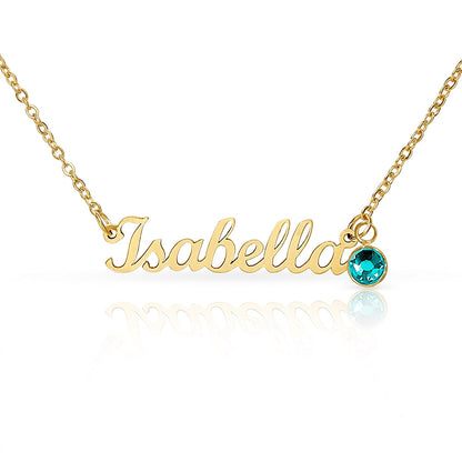 18k gold finish script name necklace with a birthstone crystal, one of the 12 month colors | Name Necklace with Birthstone
