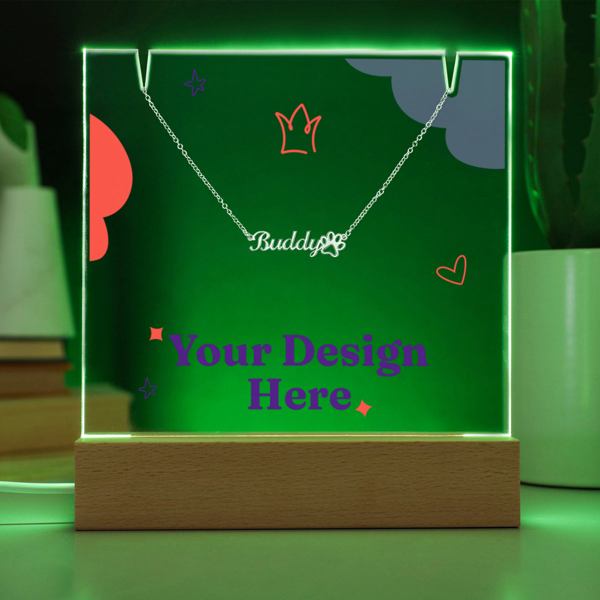 Acrylic keepsake on a wooden LED base lit green, with the paw print name necklace | Pet Photo Keepsake Light and Paw Necklace