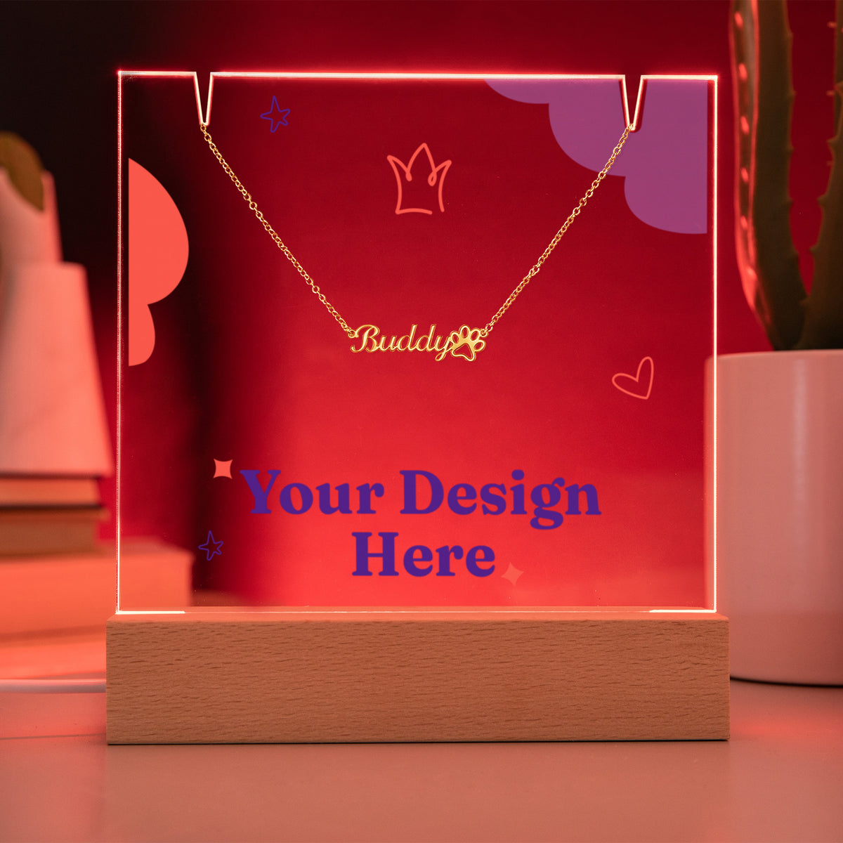 Acrylic keepsake on a wooden LED base lit red, with the paw print name necklace | Pet Photo Keepsake Light and Paw Necklace