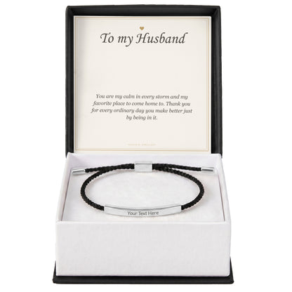 Steel engraved bar bracelet on a black nylon band in a gift box with the To My Husband card in the lid | Engraved Bracelet for Husband with Message Card