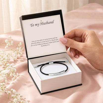 Hand opening the gift box with the steel bar bracelet and husband card | Engraved Bracelet for Husband with Message Card