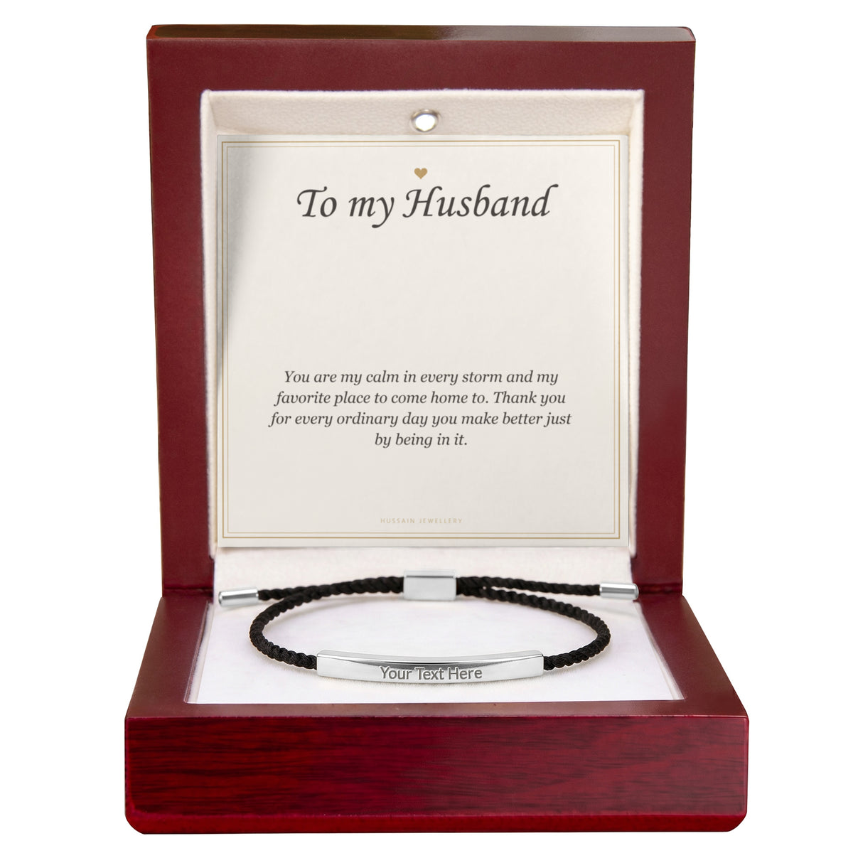 Steel bar bracelet and husband card in the mahogany Luxury Box | Engraved Bracelet for Husband with Message Card