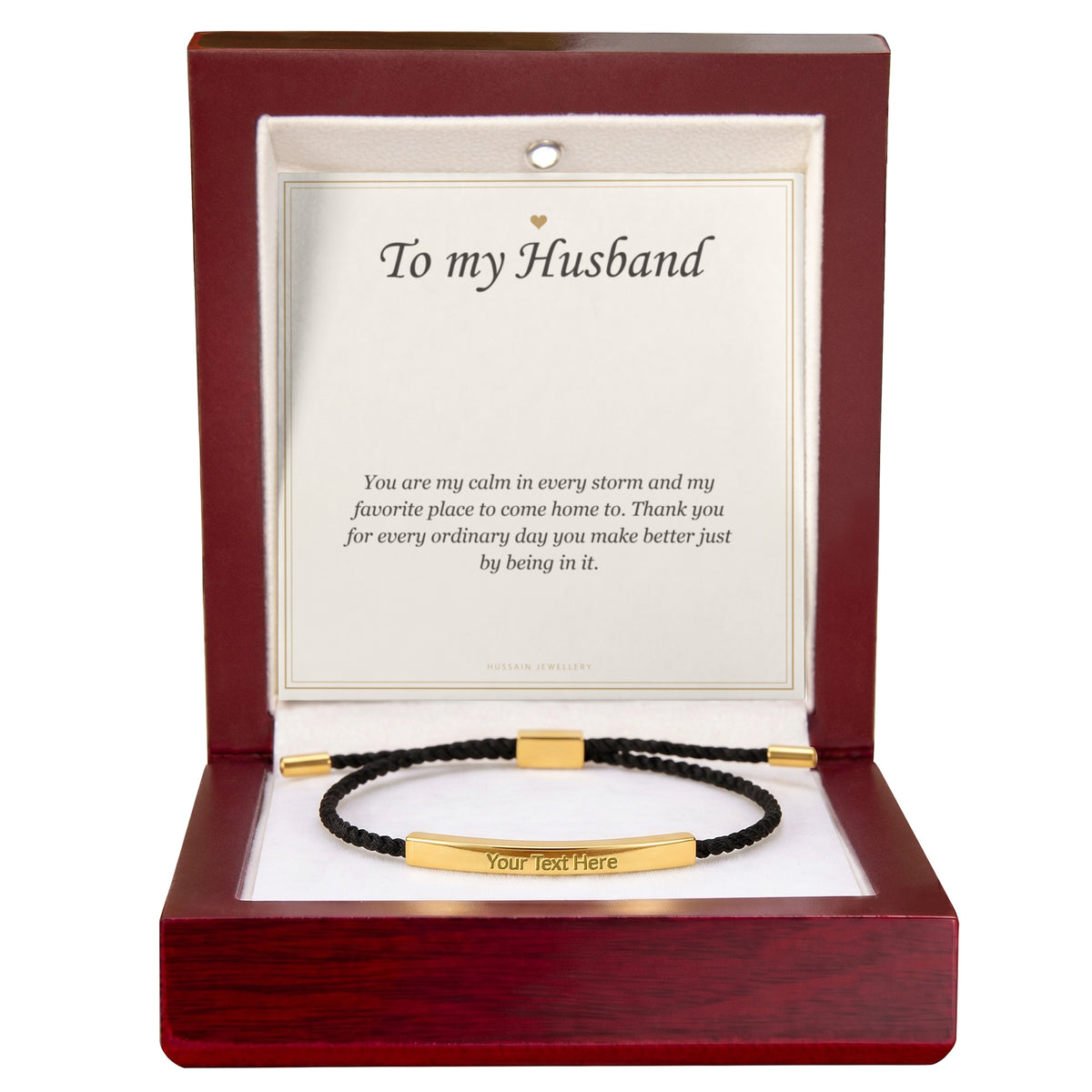 Gold finish bar bracelet and husband card in the mahogany Luxury Box | Engraved Bracelet for Husband with Message Card