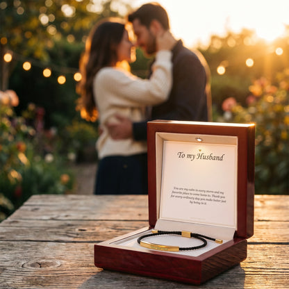 Couple outdoors beside the open mahogany Luxury Box with the bracelet | Engraved Bracelet for Husband with Message Card