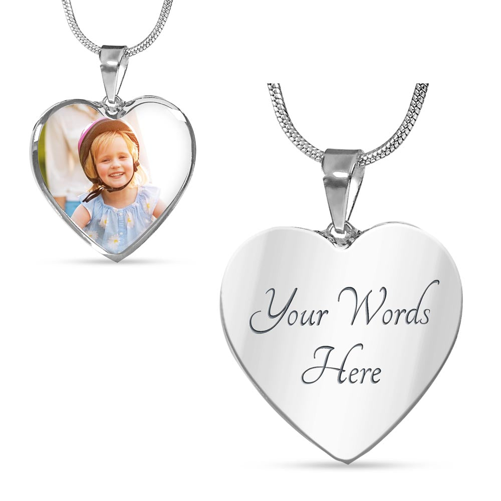 Front of the silver photo heart and its engraved back | Custom Photo Heart Necklace with Engraving