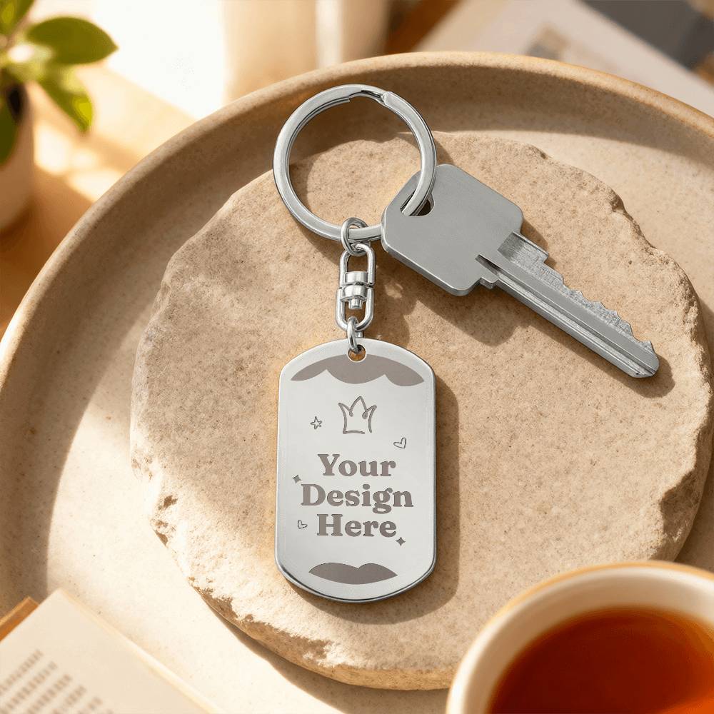 Steel dog tag keychain beside a cup on a wooden tray | Engraved Dog Tag Keychain