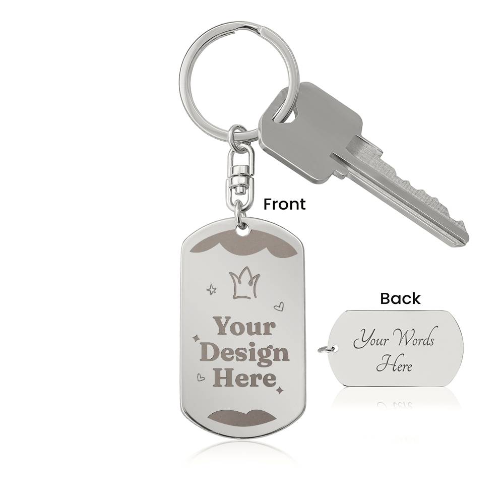 Front and engraved back of the steel dog tag keychain | Engraved Dog Tag Keychain