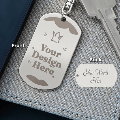 Front and engraved back of the keychain on a dark surface | Engraved Dog Tag Keychain