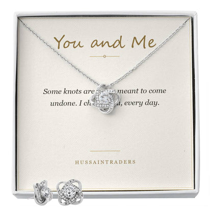 Love Knot pendant on a You and Me keepsake card with matching stud earrings | Love Knot Necklace and Earring Set