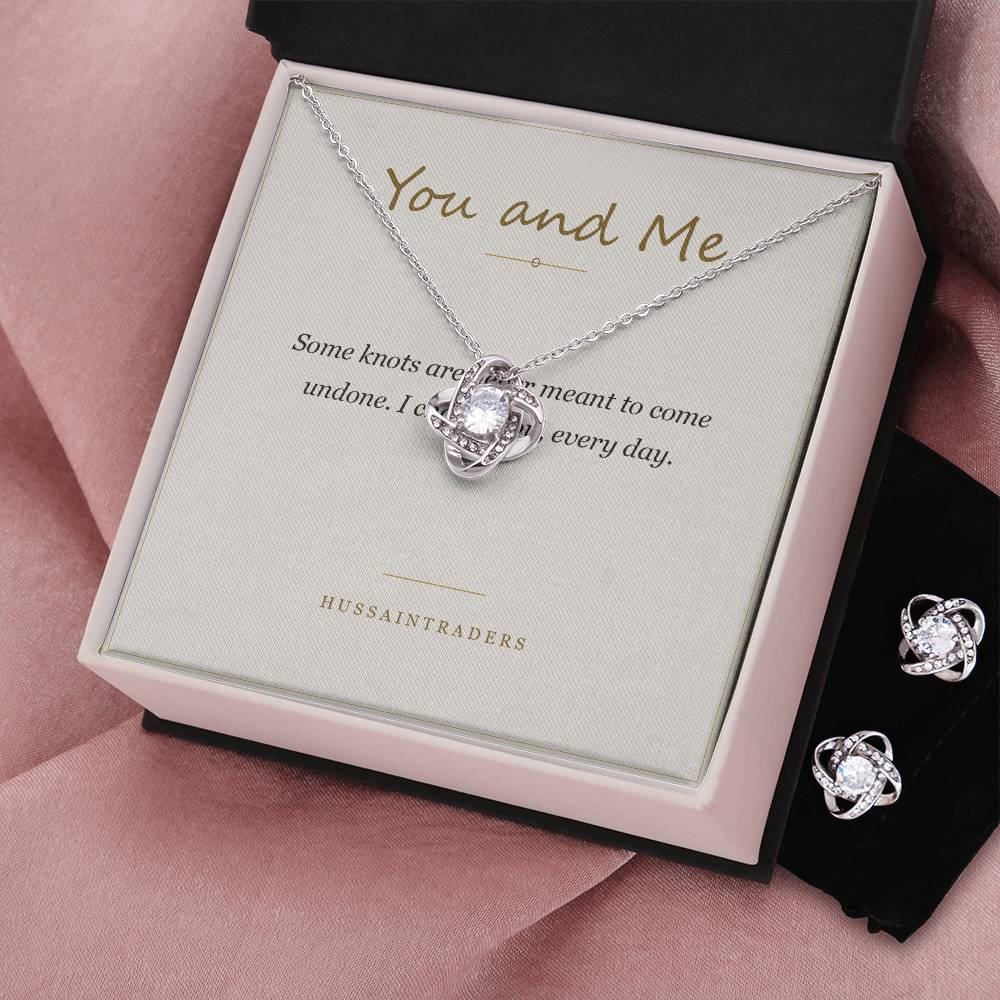 Love Knot set and card in an open gift box beside earrings | Love Knot Necklace and Earring Set
