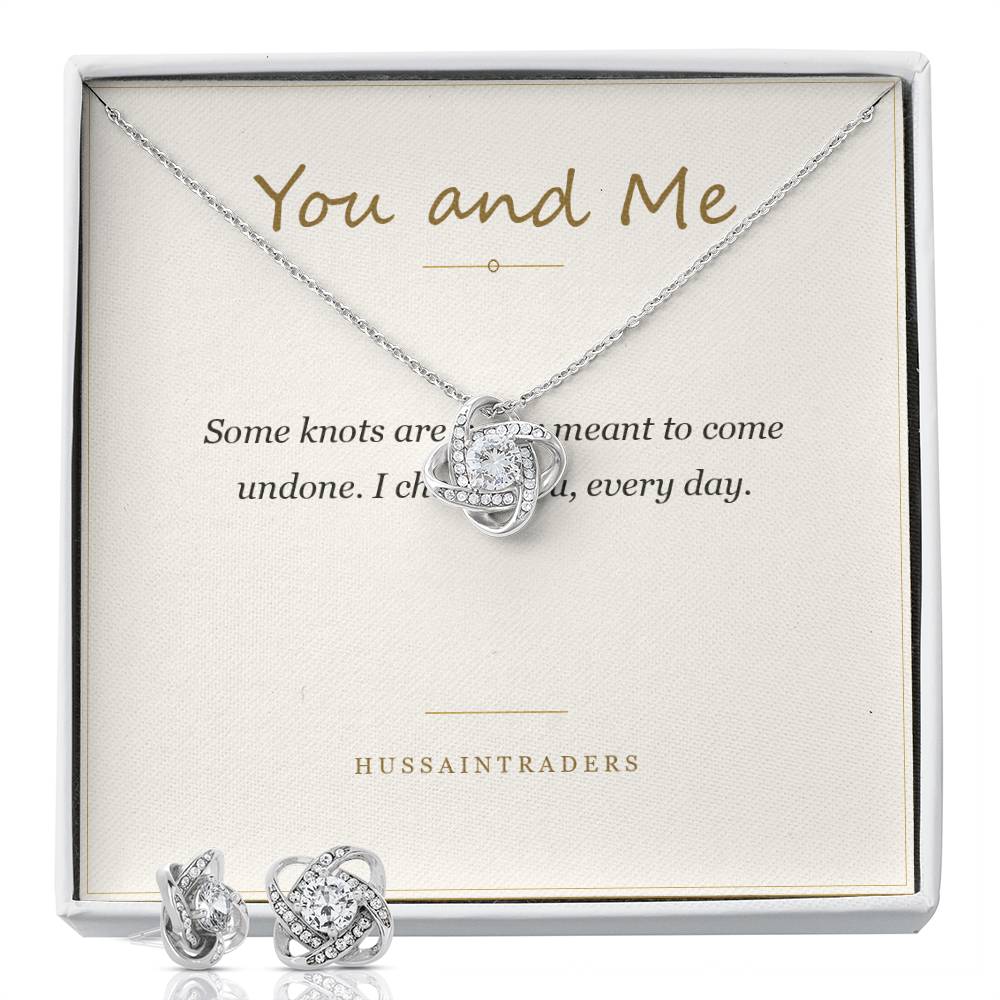 Love Knot pendant and earrings on the You and Me card, white box | Love Knot Necklace and Earring Set