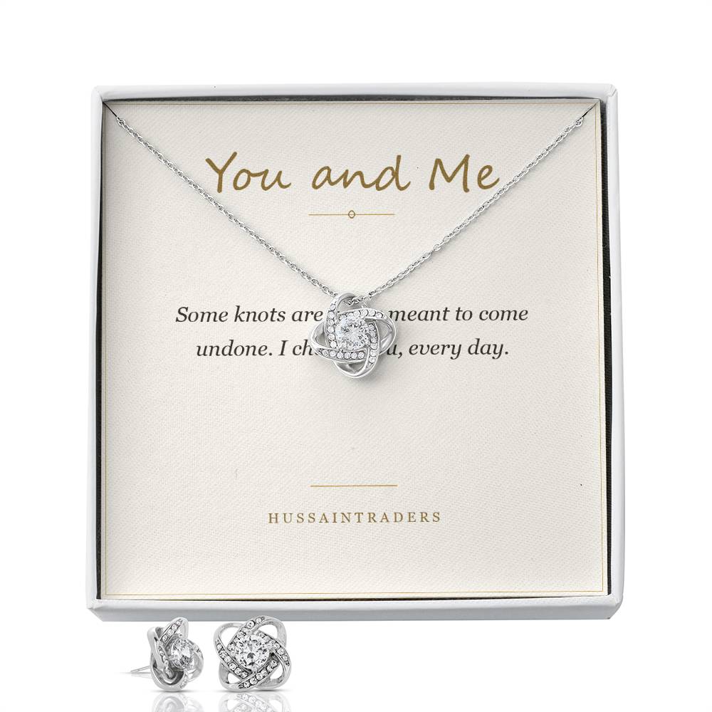 Love Knot pendant and earrings on the card, close view | Love Knot Necklace and Earring Set