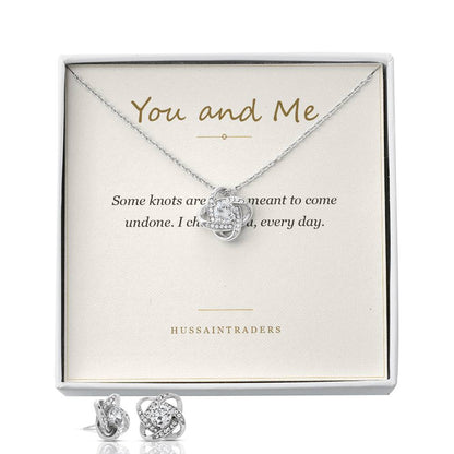 Love Knot pendant and earrings on the card, close view | Love Knot Necklace and Earring Set