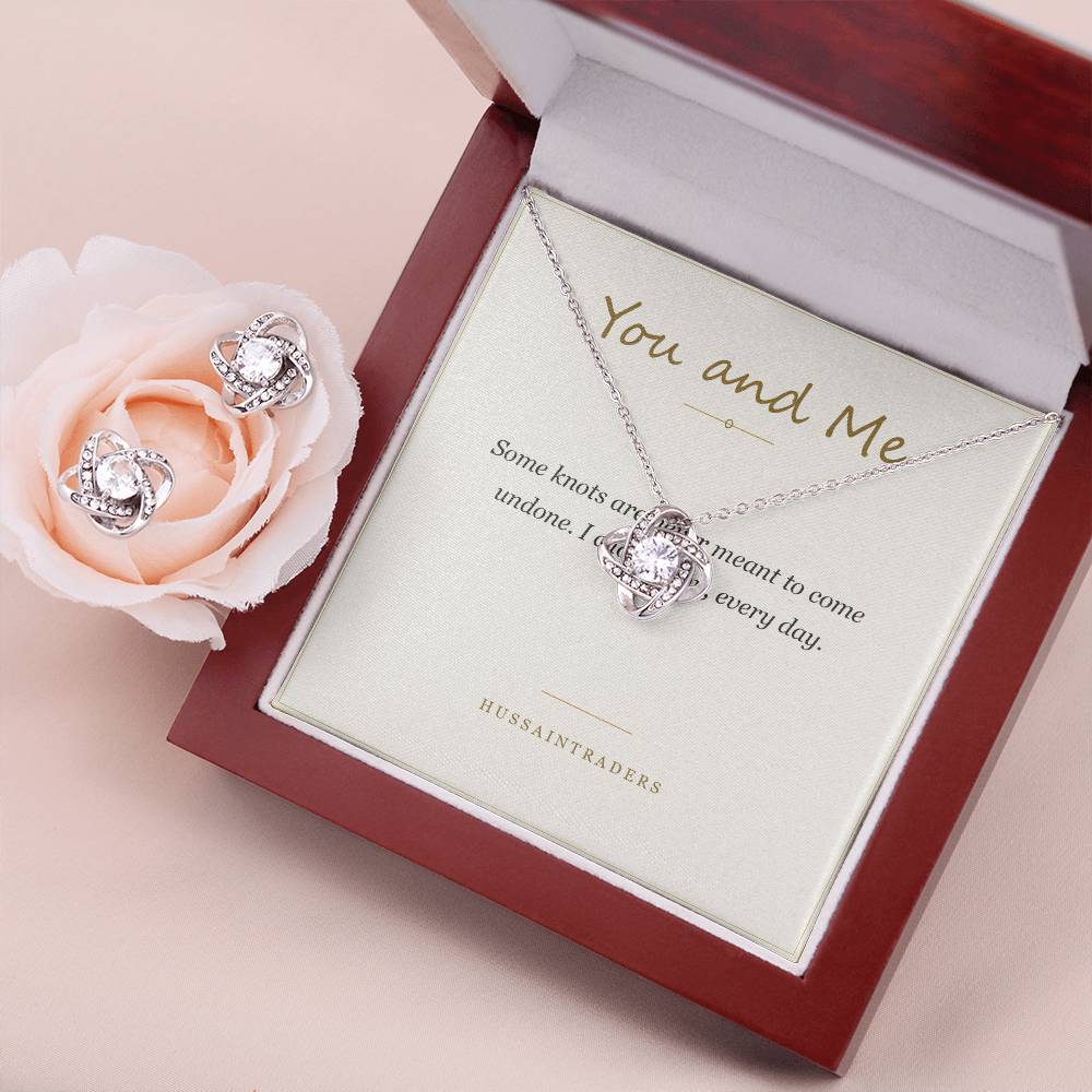Love Knot set in the mahogany Luxury Box with a pink rose | Love Knot Necklace and Earring Set
