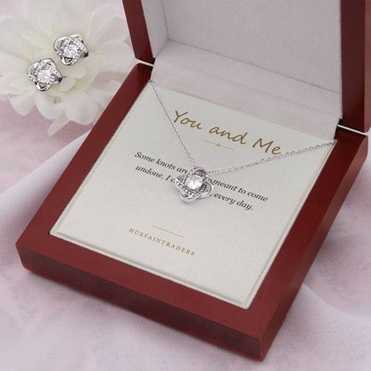 Love Knot set and card in the mahogany Luxury Box, angled view | Love Knot Necklace and Earring Set