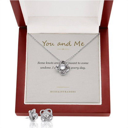 Love Knot set in the mahogany Luxury Box with earrings in front | Love Knot Necklace and Earring Set