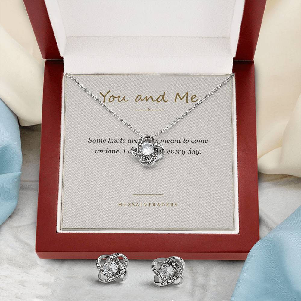 Love Knot pendant and card in the mahogany Luxury Box with earrings | Love Knot Necklace and Earring Set