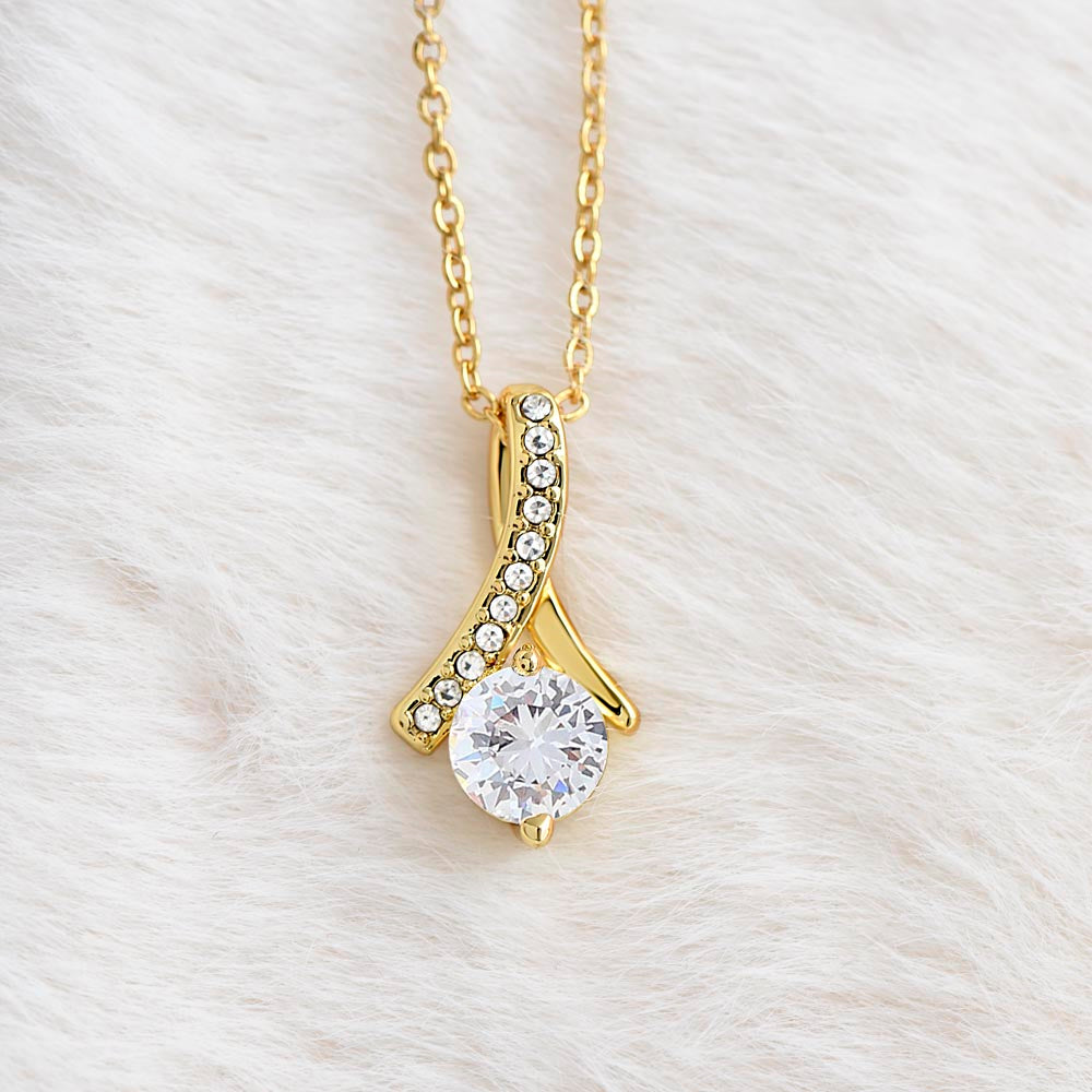 Yellow gold finish pendant on white faux fur | Proud Mom Necklace