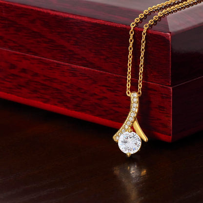 Yellow gold finish pendant draped over the mahogany Luxury Box | Proud Mom Necklace