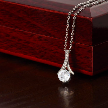 White gold finish pendant draped over the mahogany Luxury Box | Proud Mom Necklace