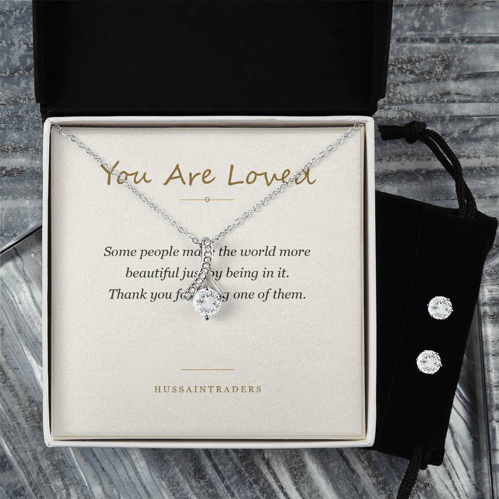 Alluring Beauty set and card in a black box on grey | Alluring Beauty Necklace and Earring Set