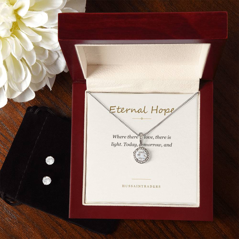 Eternal Hope set in the mahogany Luxury Box, angled view | Eternal Hope Necklace and Earring Set
