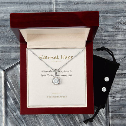 Eternal Hope set in the mahogany Luxury Box on a grey surface | Eternal Hope Necklace and Earring Set