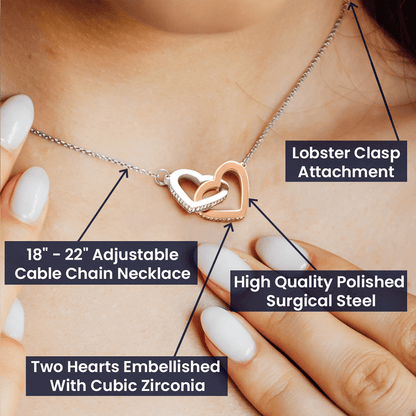 Labelled view: lobster clasp, adjustable chain and two hearts set with cubic zirconia | Interlocking Hearts Necklace