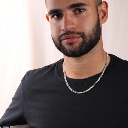 Man wearing the steel Cuban chain, front view | Cuban Link Chain