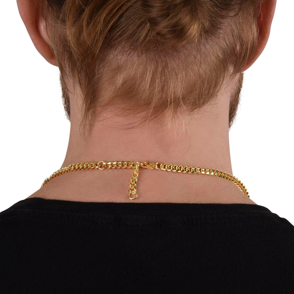Back of the neck showing the gold finish chain clasp | Cuban Link Chain