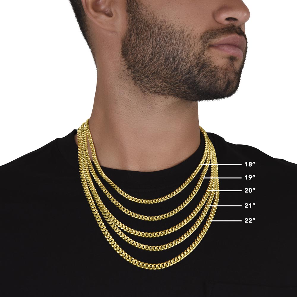 Chain width comparison in gold finish worn on the neck | Cuban Link Chain