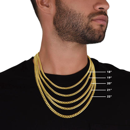Chain width comparison in gold finish worn on the neck | Cuban Link Chain