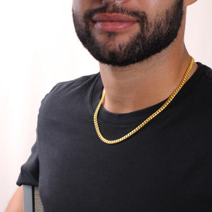 Man wearing the gold finish Cuban chain, front view | Cuban Link Chain